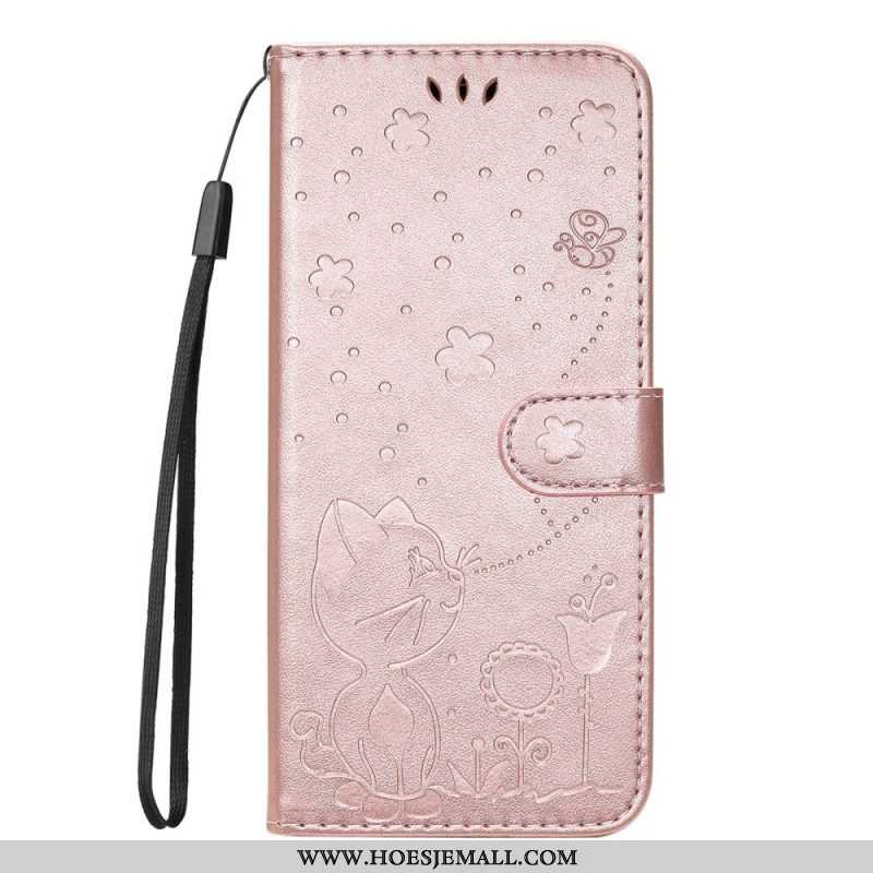 Folio-hoesje voor Samsung Galaxy S22 Ultra 5G Met Ketting Kat En Bij Met Lanyard