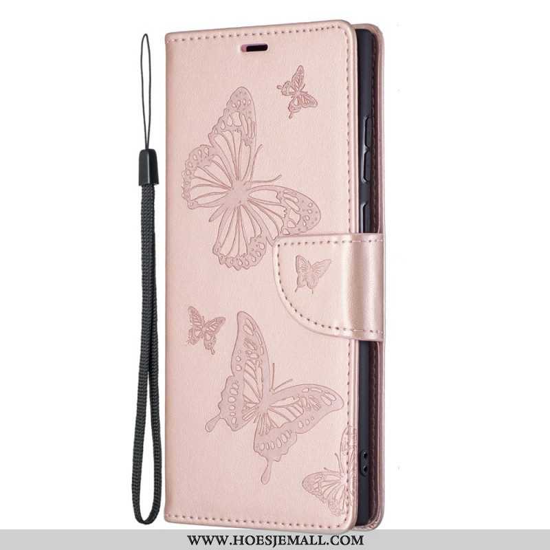 Leren Hoesje voor Samsung Galaxy S22 Ultra 5G Vlinders Tijdens De Vlucht Met Lanyard