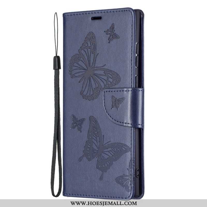 Leren Hoesje voor Samsung Galaxy S22 Ultra 5G Vlinders Tijdens De Vlucht Met Lanyard