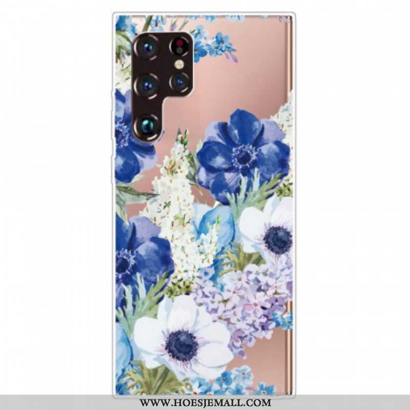 Hoesje voor Samsung Galaxy S22 Ultra 5G Waterverf Blauwe Bloemen