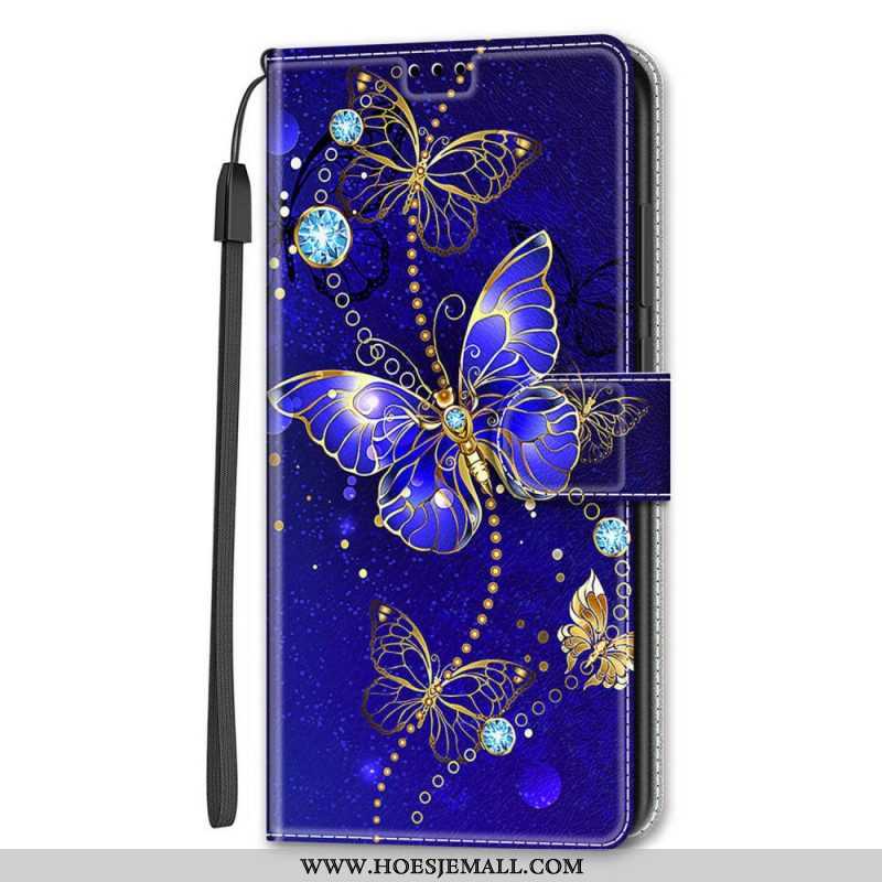 Leren Hoesje voor Samsung Galaxy S22 Ultra 5G Met Ketting Riem Vlinders Waaier