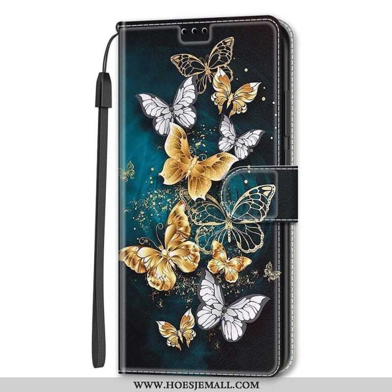 Leren Hoesje voor Samsung Galaxy S22 Ultra 5G Met Ketting Riem Vlinders Waaier