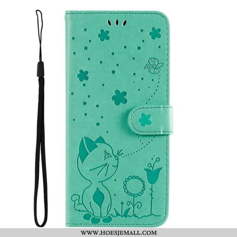 Leren Hoesje voor Samsung Galaxy S23 5G Met Ketting Strappy Kat En Bijen