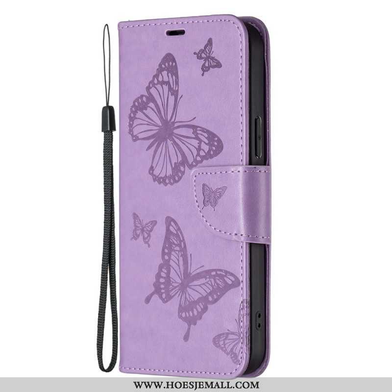 Leren Hoesje voor Samsung Galaxy S23 5G Met Ketting String Vlinders