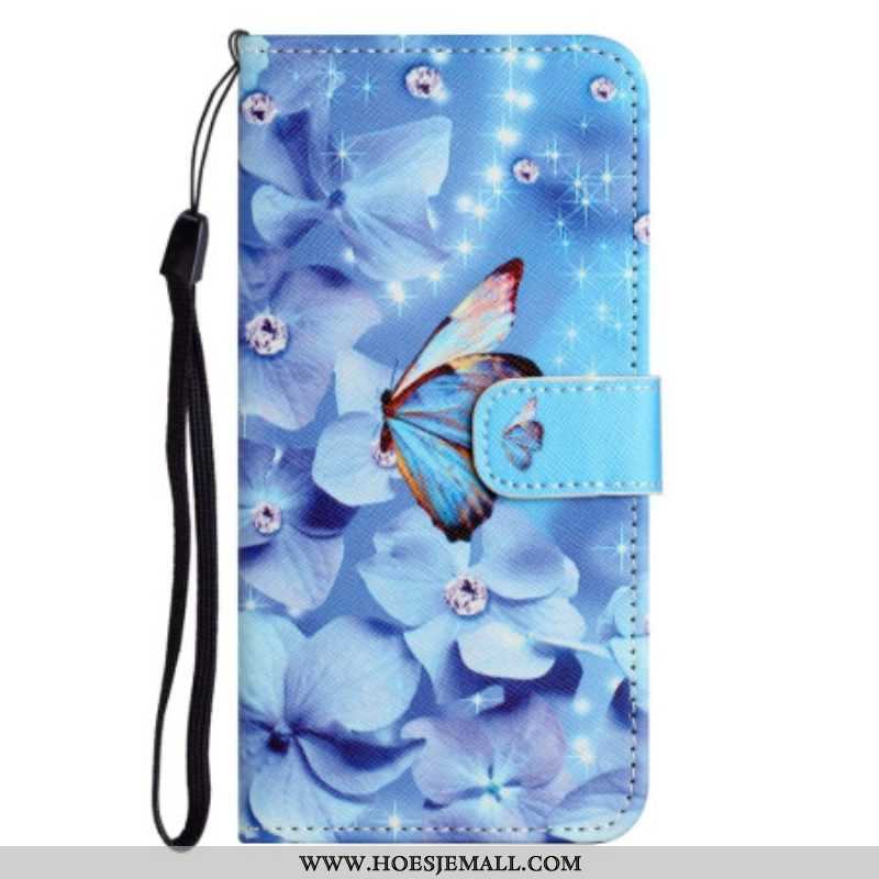 Folio-hoesje voor Samsung Galaxy S23 5G Met Ketting Strappy Diamanten Vlinders