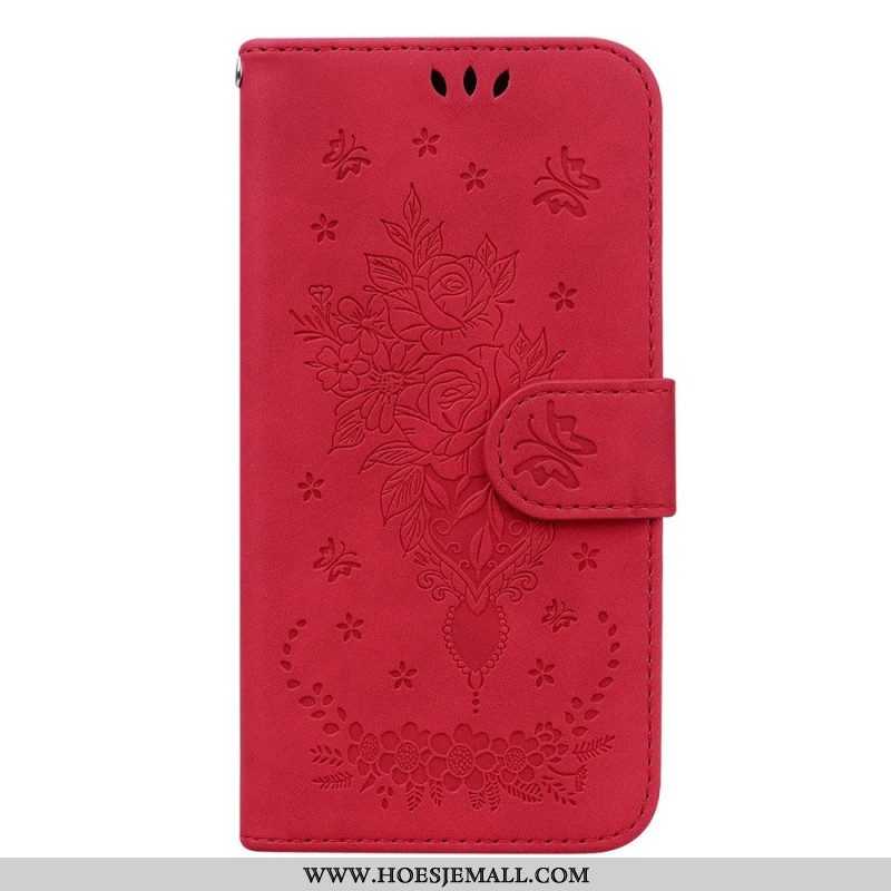 Leren Hoesje voor Samsung Galaxy S23 5G Met Ketting Strappy Rozen En Vlinders