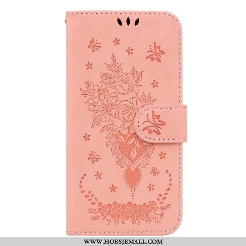 Leren Hoesje voor Samsung Galaxy S23 5G Met Ketting Strappy Rozen En Vlinders