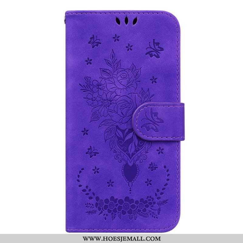 Leren Hoesje voor Samsung Galaxy S23 5G Met Ketting Strappy Rozen En Vlinders