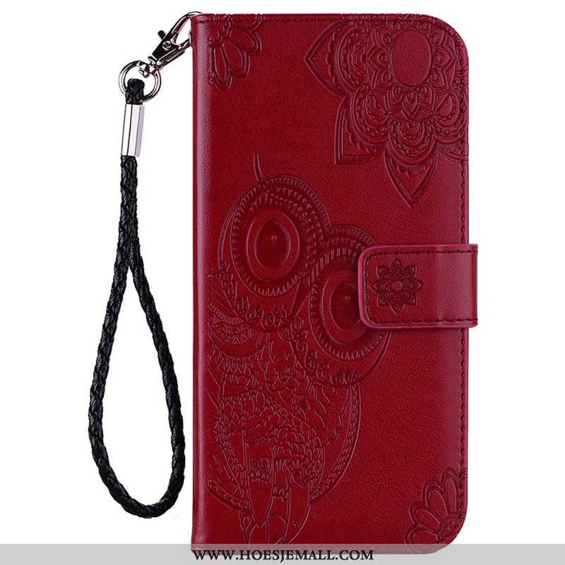 Leren Hoesje voor Samsung Galaxy S23 5G Uil Mandala En Lanyard