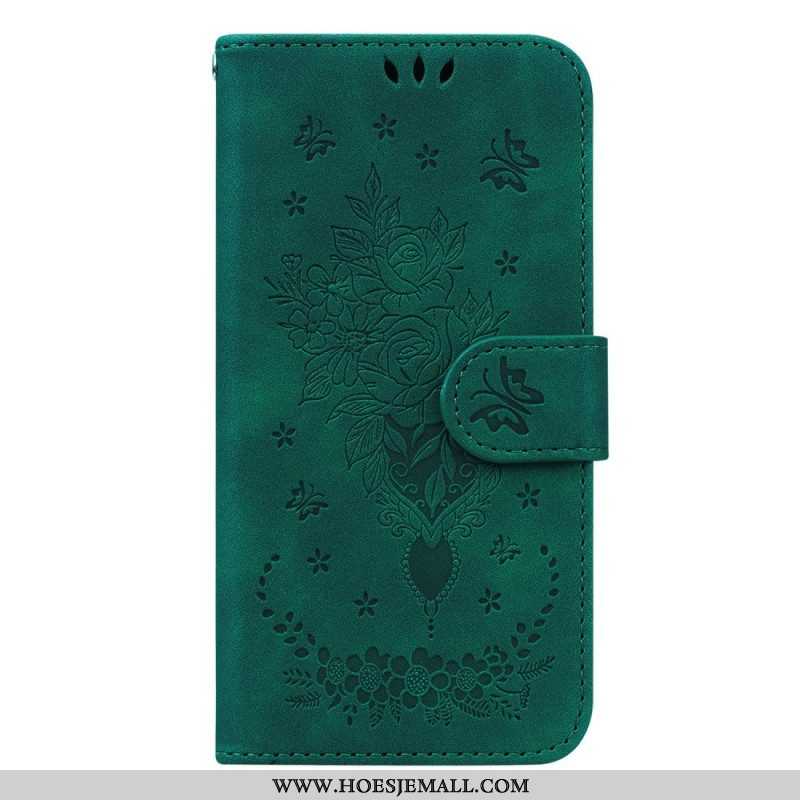 Folio-hoesje voor Samsung Galaxy S23 Plus 5G Met Ketting Strappy Rozen En Vlinders