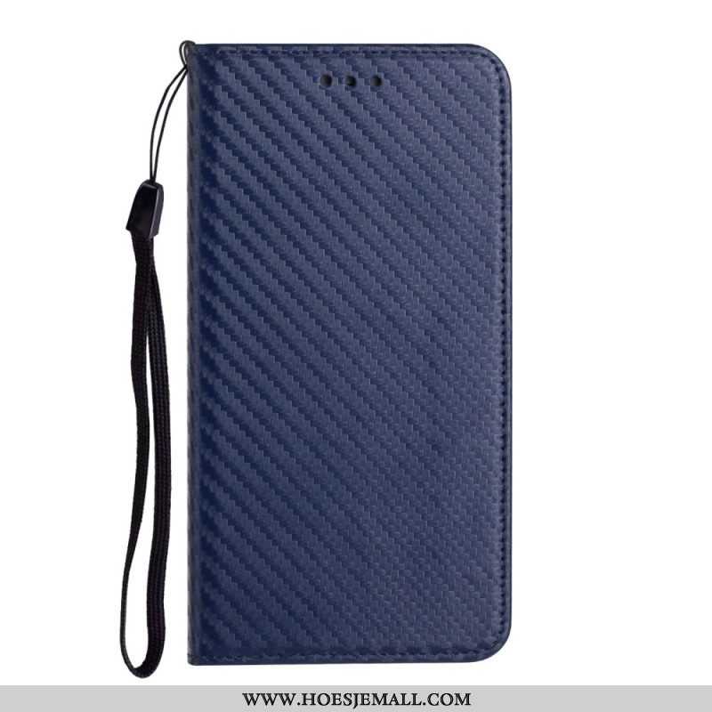 Bescherming Hoesje voor Samsung Galaxy S23 Ultra 5G Met Ketting Folio-hoesje Stijl Van Koolstofvezel