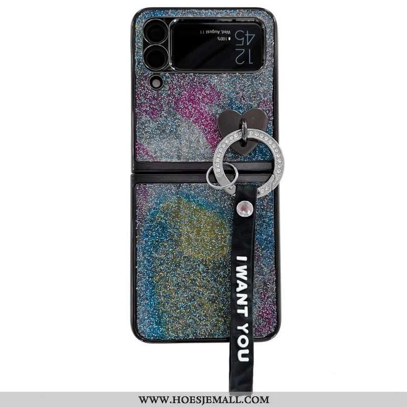 Hoesje voor Samsung Galaxy Z Flip 3 5G Folio-hoesje Pailletten Bedels En Lanyard