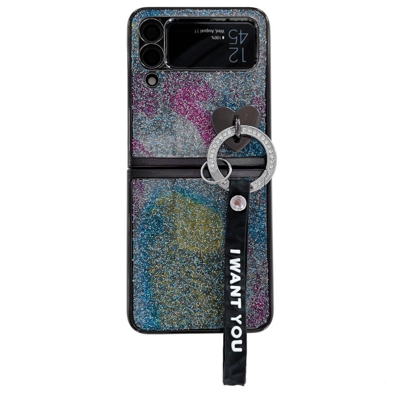 Hoesje voor Samsung Galaxy Z Flip 3 5G Folio-hoesje Pailletten Bedels En Lanyard