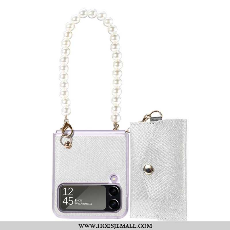 Hoesje voor Samsung Galaxy Z Flip 4 Folio-hoesje Kaarthouder En Lanyard Beads