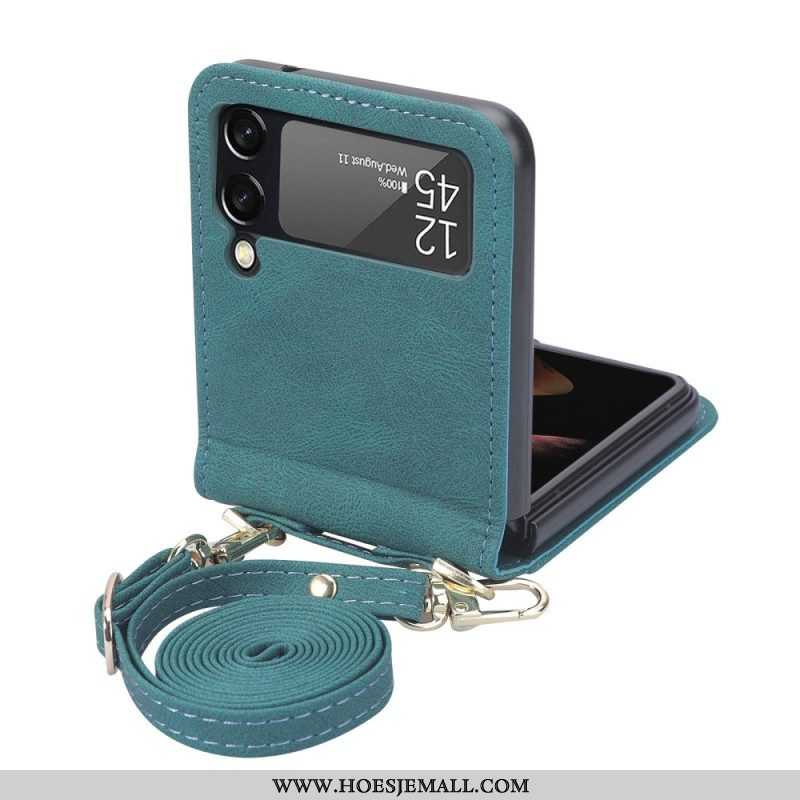 Hoesje voor Samsung Galaxy Z Flip 4 Folio-hoesje Ledereffect Stiksels En Schouderriem