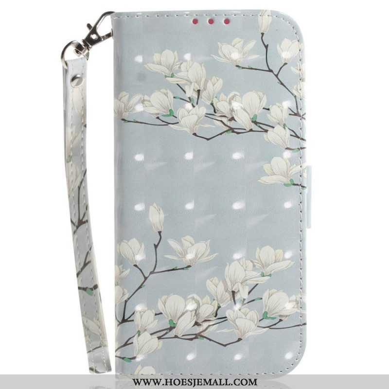 Folio-hoesje voor Sony Xperia 1 IV Met Ketting Witte Bloemen Met Bandjes