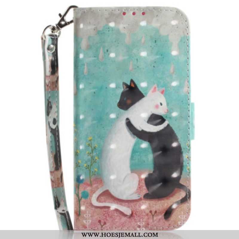 Flip Case voor Xiaomi 12 / 12X Met Ketting Zwarte Kat Witte Kat Met Riem