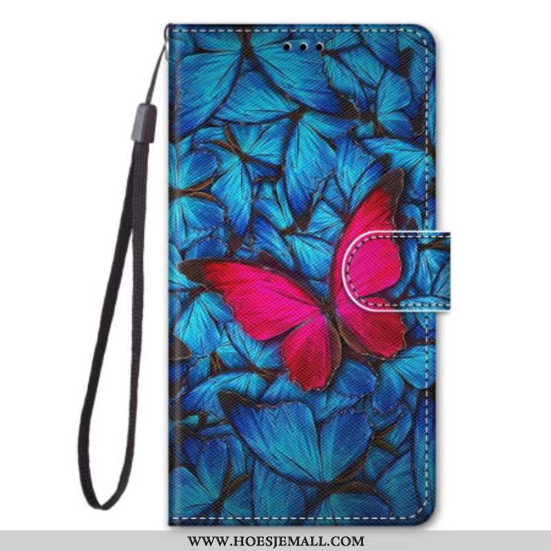 Leren Hoesje voor Xiaomi 12 / 12X Met Ketting Rode Vlinder Met Riem