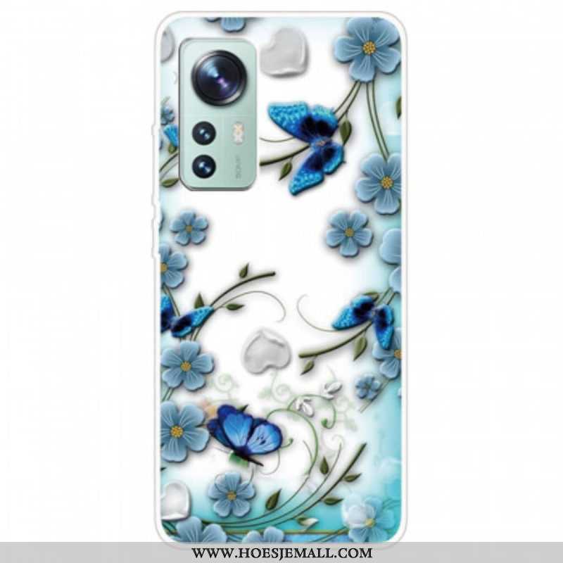 Telefoonhoesje voor Xiaomi 12 / 12X Blauwe Bloemen En Vlinders