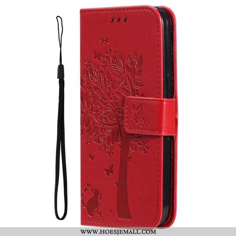 Leren Hoesje voor Xiaomi 12T / 12T Pro Met Ketting Kat Onder De String Tree