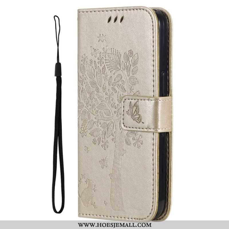 Leren Hoesje voor Xiaomi 12T / 12T Pro Met Ketting Kat Onder De String Tree