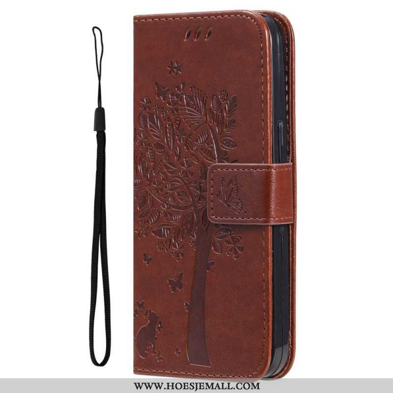 Leren Hoesje voor Xiaomi 12T / 12T Pro Met Ketting Kat Onder De String Tree