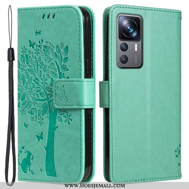 Leren Hoesje voor Xiaomi 12T / 12T Pro Met Ketting Kat Onder De String Tree