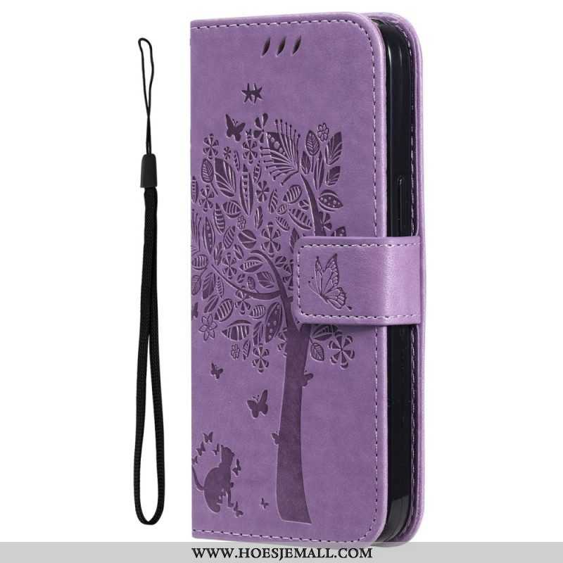 Leren Hoesje voor Xiaomi 12T / 12T Pro Met Ketting Kat Onder De String Tree