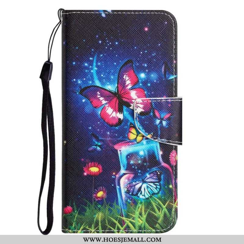 Leren Hoesje voor Xiaomi 12T / 12T Pro Lichtgevende Vlinders Met Lanyard