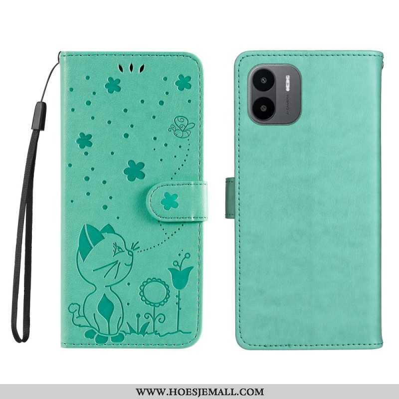 Leren Hoesje voor Xiaomi Redmi A1 Met Ketting Kat En Bij Met Lanyard