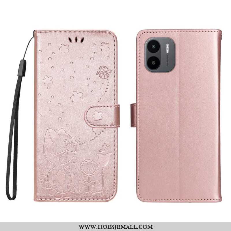 Leren Hoesje voor Xiaomi Redmi A1 Met Ketting Kat En Bij Met Lanyard