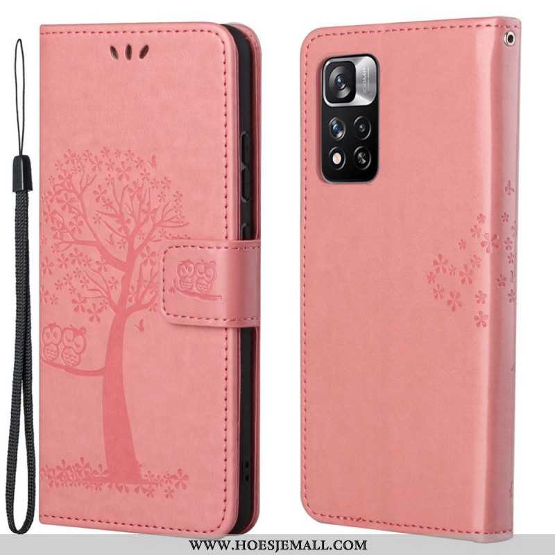 Leren Hoesje voor Xiaomi Redmi Note 11 Pro / 11 Pro 5G Met Ketting String Boom En Uilen