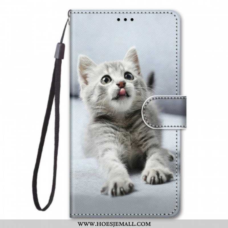 Leren Hoesje voor Xiaomi Redmi Note 11 Pro Plus 5G Met Ketting Grijze Kitten Met Riem