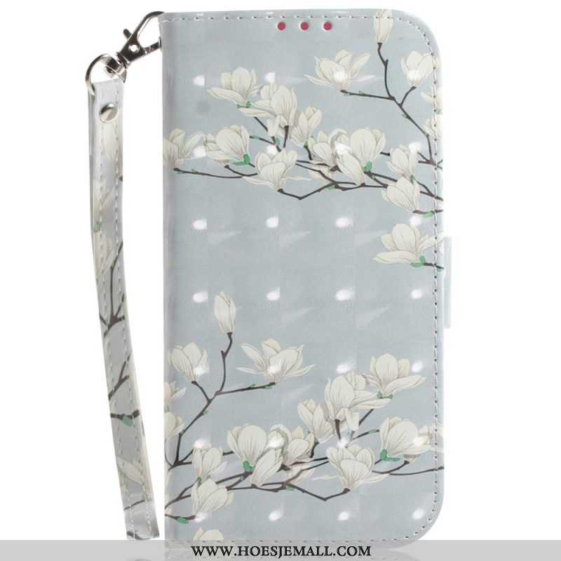 Folio-hoesje voor Xiaomi Redmi Note 12 4G Met Ketting Witte Bloemen Met Bandjes