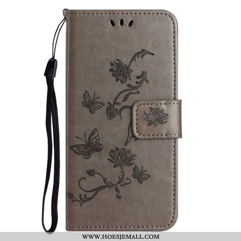 Folio-hoesje voor Xiaomi Redmi Note 12 4G Met Ketting Bloemen En Vlinders Met Riem