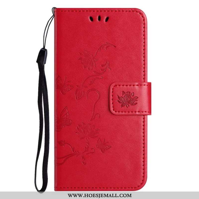 Folio-hoesje voor Xiaomi Redmi Note 12 4G Met Ketting Bloemen En Vlinders Met Riem