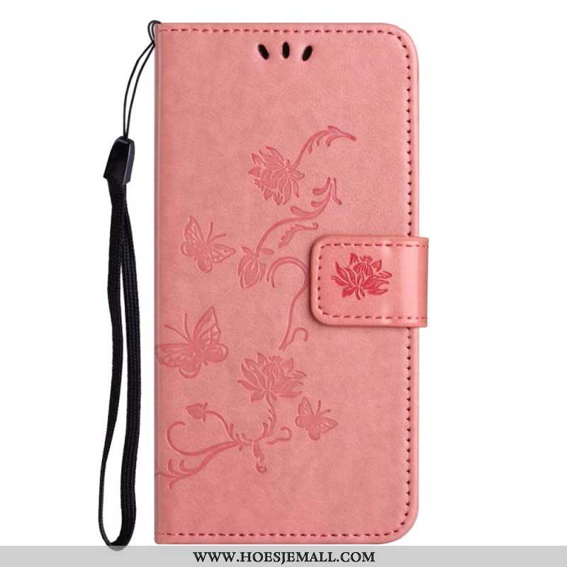 Folio-hoesje voor Xiaomi Redmi Note 12 4G Met Ketting Bloemen En Vlinders Met Riem