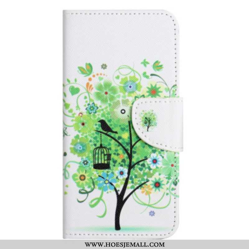 Folio-hoesje voor Xiaomi Redmi Note 12 5G Met Ketting Groene Gebladerte Riem Boom