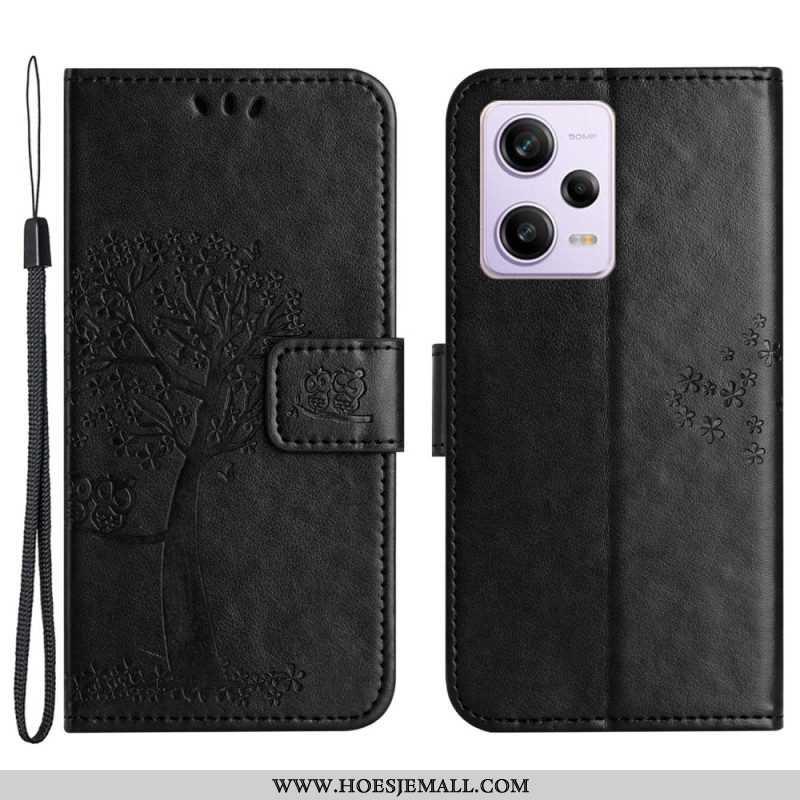 Folio-hoesje voor Xiaomi Redmi Note 12 5G Met Ketting String Boom En Uilen