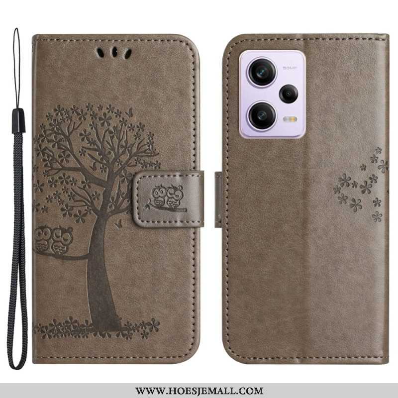 Folio-hoesje voor Xiaomi Redmi Note 12 5G Met Ketting String Boom En Uilen