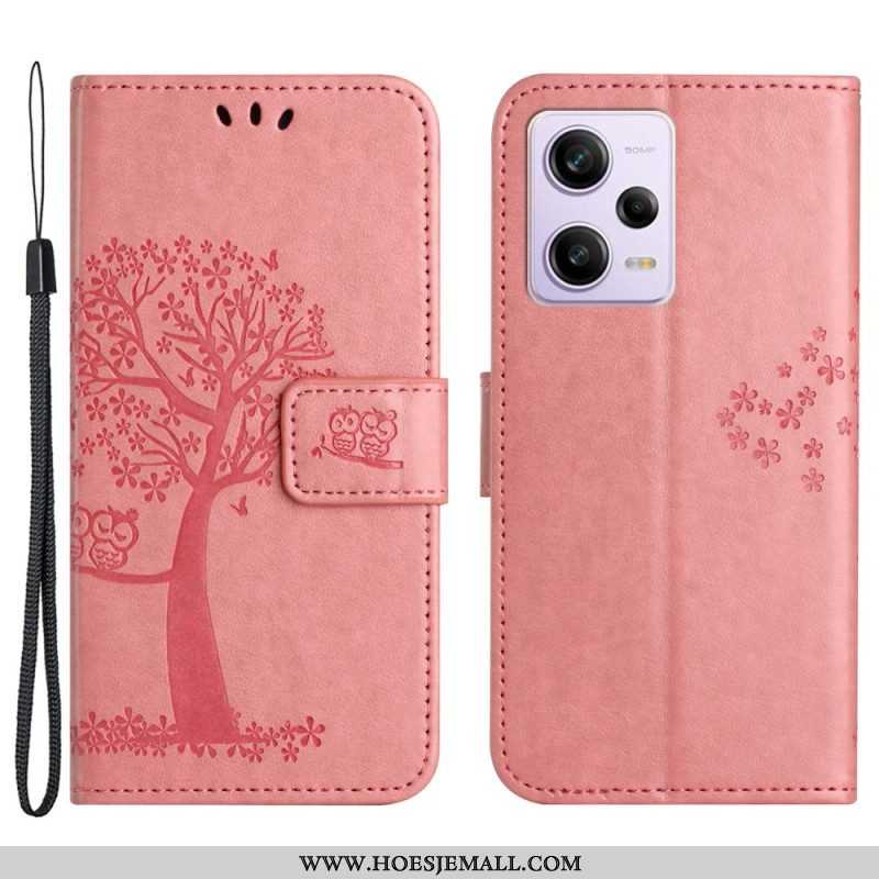 Folio-hoesje voor Xiaomi Redmi Note 12 5G Met Ketting String Boom En Uilen