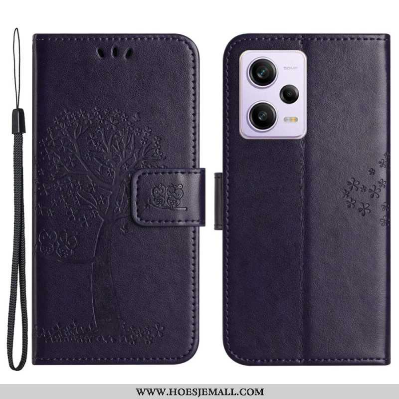 Folio-hoesje voor Xiaomi Redmi Note 12 5G Met Ketting String Boom En Uilen