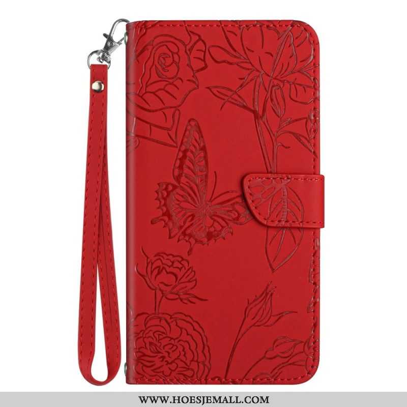 Leren Hoesje voor Xiaomi Redmi Note 12 Pro Vlinders En Lanyard