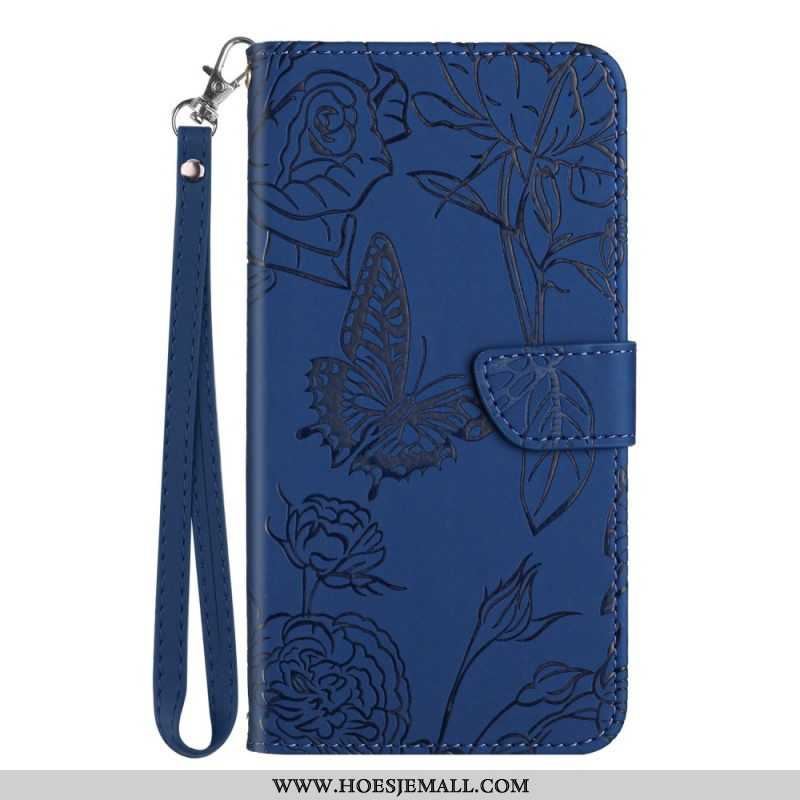 Leren Hoesje voor Xiaomi Redmi Note 12 Pro Vlinders En Lanyard