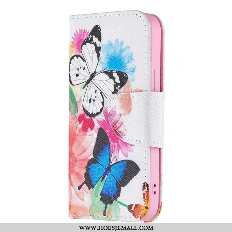 Folio-hoesje voor iPhone 13 Mini Geschilderde Vlinders En Bloemen