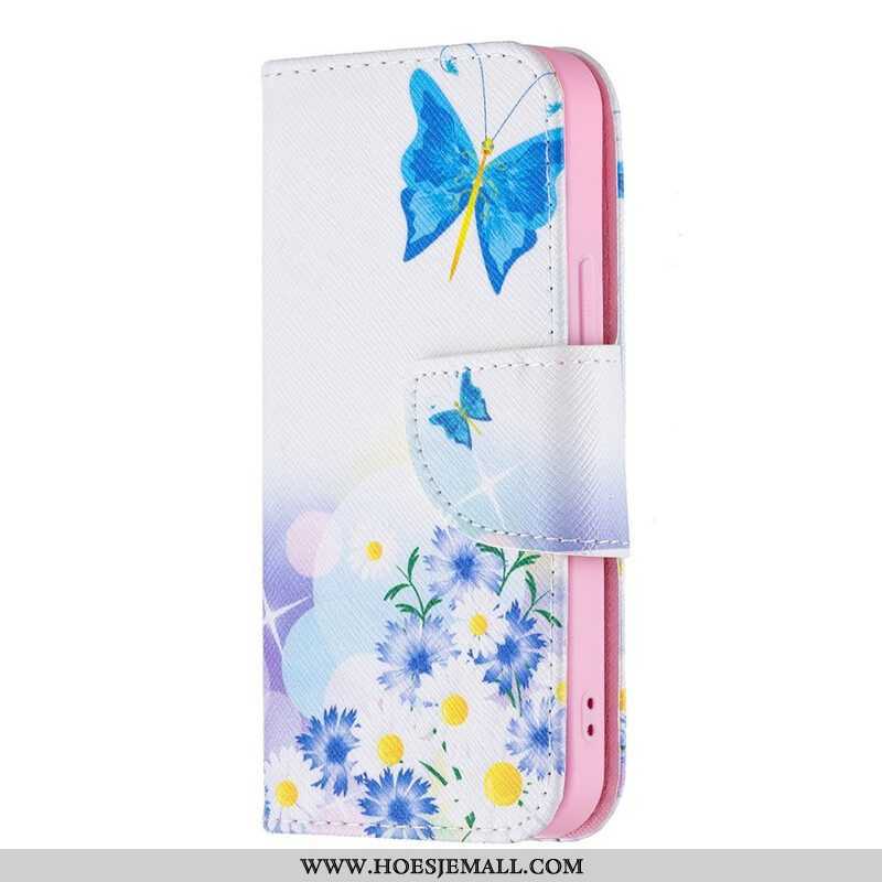 Folio-hoesje voor iPhone 13 Mini Geschilderde Vlinders En Bloemen