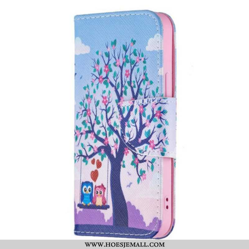 Folio-hoesje voor iPhone 13 Mini Uilen Op De Schommel