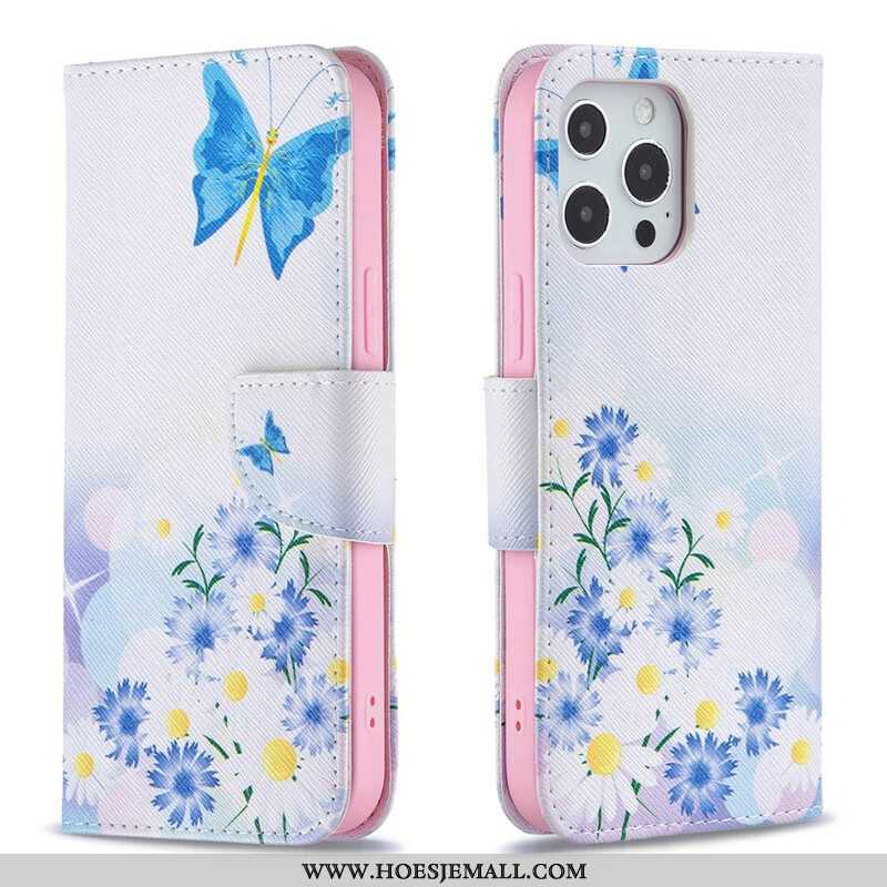 Flip Case voor iPhone 13 Pro Max Geschilderde Vlinders En Bloemen