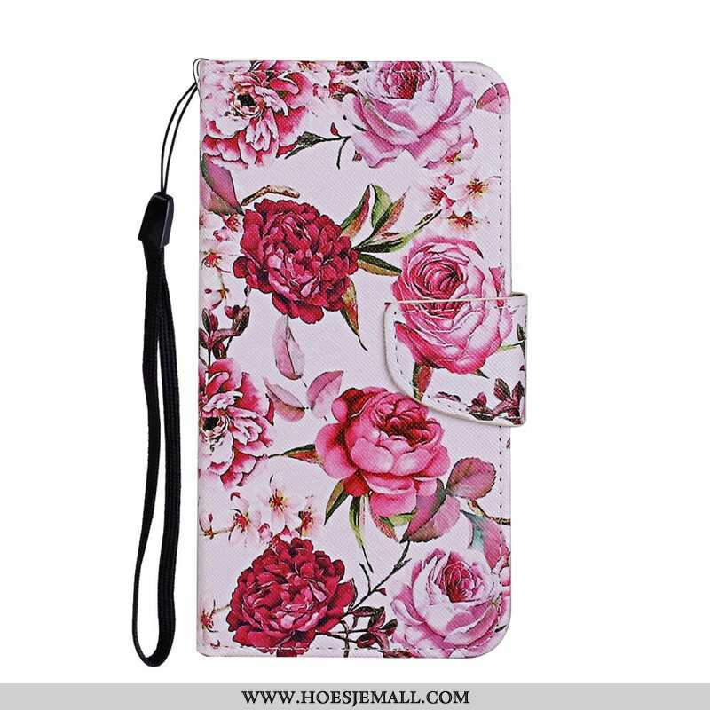 Leren Hoesje voor iPhone 13 Pro Meesterlijke Bloemen Met Riem