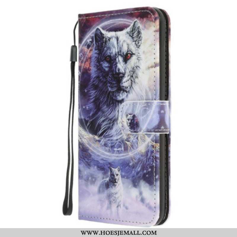 Leren Hoesje voor iPhone 13 Pro Wolf In De Winter Met Sleutelkoord